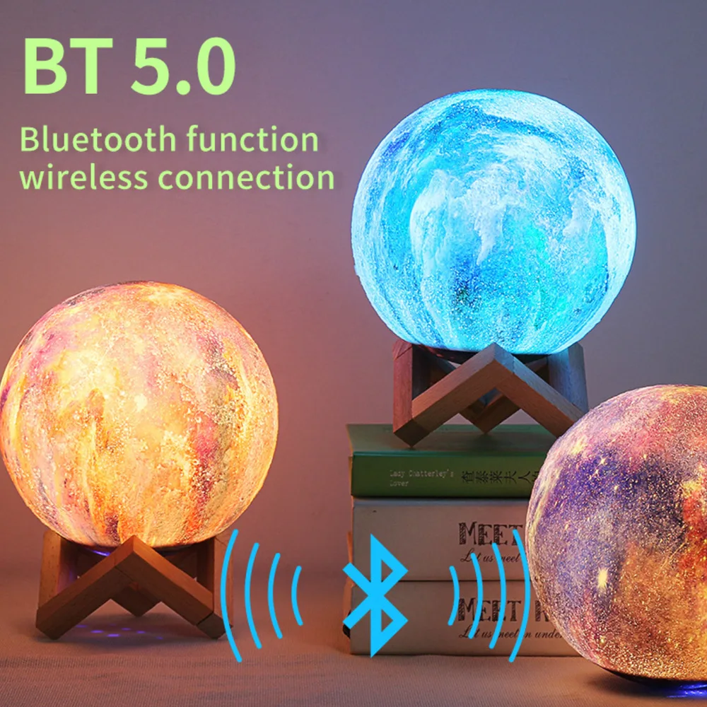 15cm 3D Printing Moon Lamp Creative Colorful Dimmable Light with Bluetooth Speaker USB Charging Bedside Atmosphere Lamp