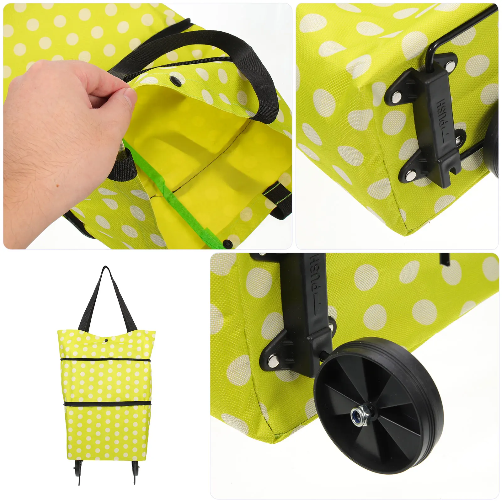 

Folding Shopping Cart Grocery Bag Wheels Portable Large Capacity Trolley Green DotReusable Storage Household Item Foldable