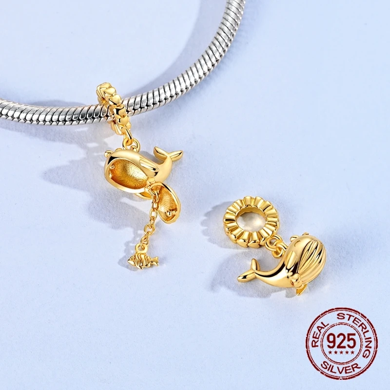 

Golden Whale Charms 925 Sterling Silver Can Be Opened and Closed Dangle Pendant Fit Bangle Bracelet Necklace DIY Jewelry