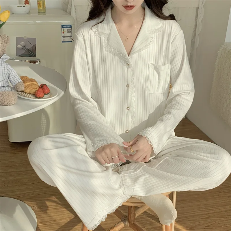 High Quality Korean White Pajamas For Women Sweet Lace Cotton Sleepwear Set Long Sleeve Autumn Winter Home Wear Pijamas Suit