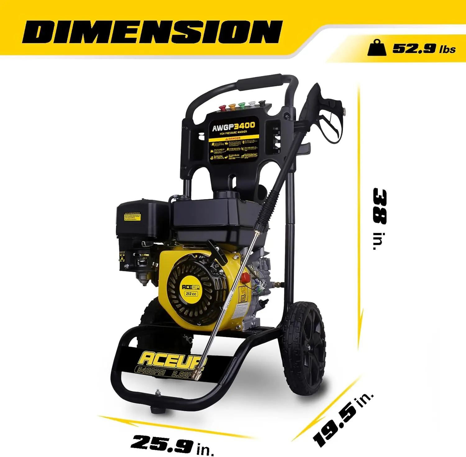 Gas Pressure Washer 3400 PSI 2.6 GPM, High Pressure Washer 212CC Gas Power