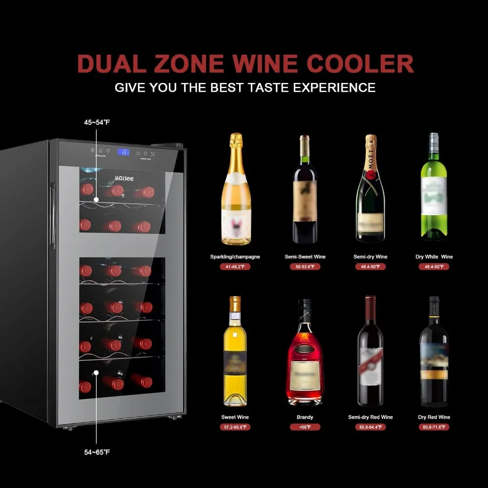 Frigo per vino doppia zona, frigorifero per vino da 18 bottiglie, frigorifero, zona superiore 46f-54f, zona inferiore 54f-65f