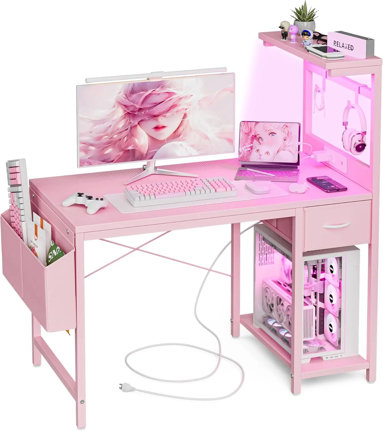 Desktop 40-inch Gaming Desk with Power Outlet, LED Lights, Reversible