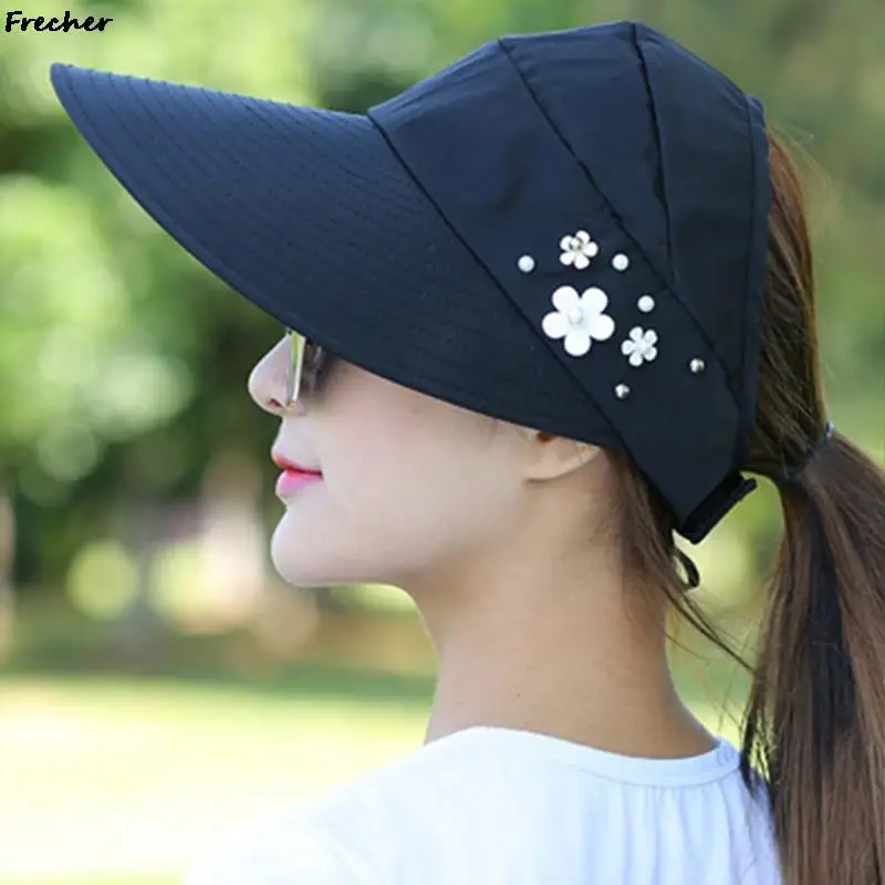 Pearl Flower Sun Hat for Women Wide Brim Suncreen Hats Adjustable Belts Summer Visors Cap Outdoor Casual Beach Chapeau Leisure 