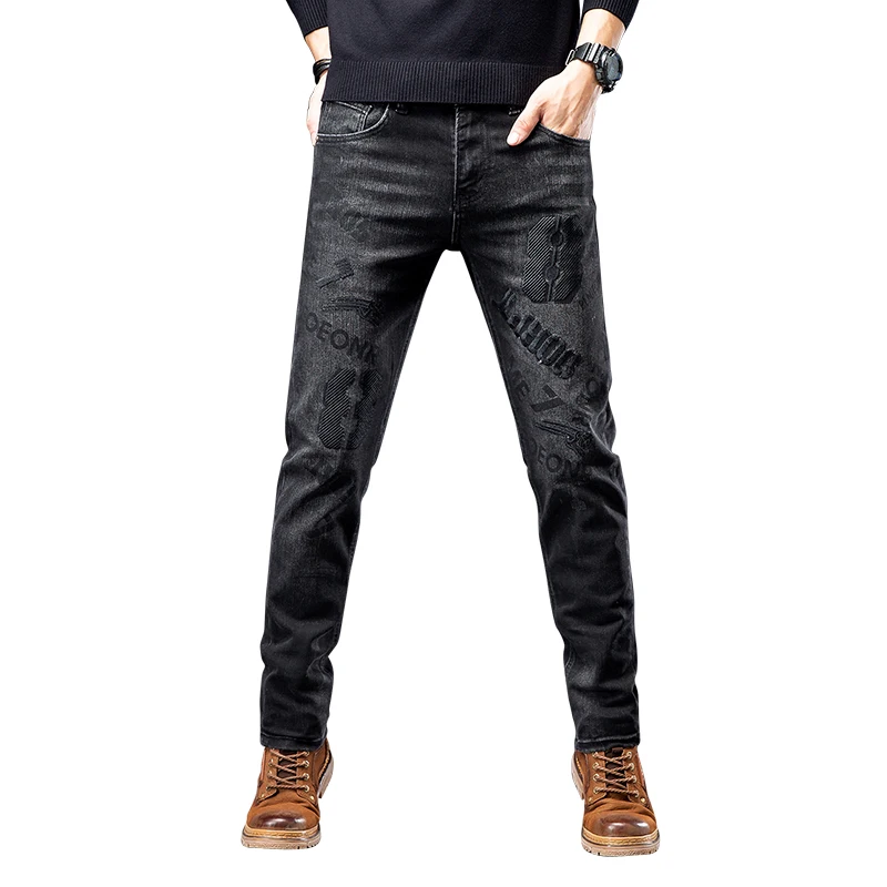 2024 Fashionable Embroidered Jeans Men's Street Trendy Unique Men's Autumn Stretch Denim Slim Fit Skinny Pants