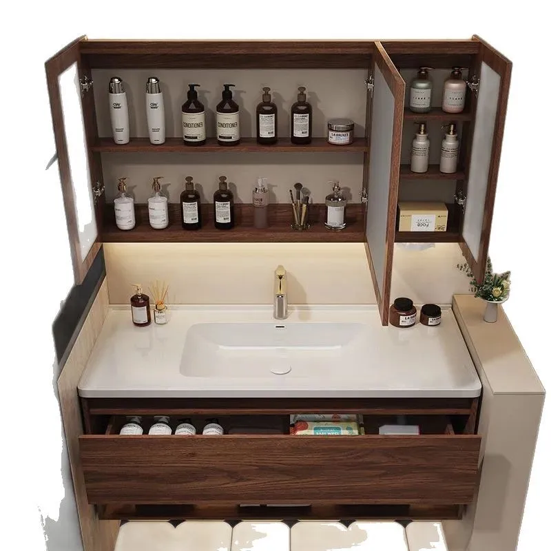 

Chinese wood color bathroom walnut ceramic integrated washbasin wash sink bathroom cabinet wash basin combination