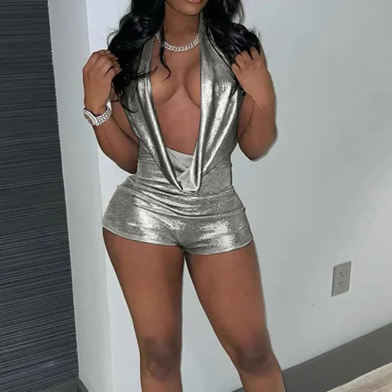 

Metallic Sexy Club Outfit for Womens Rompers Birthday Halter Backless Deep V-neck Night Party Playsuit Ruched One Piece Jumpsuit