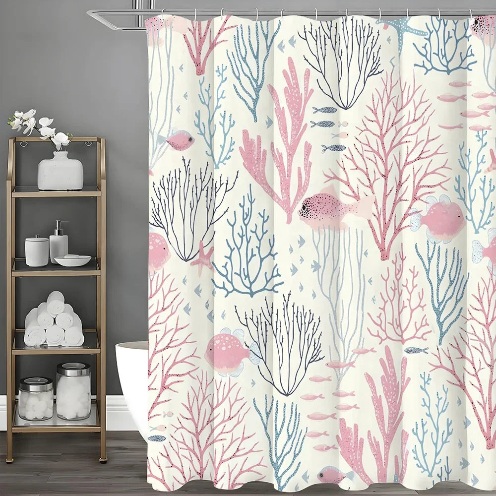 

Занавеска для душа «Маленькая рыбка», коралловый, розовый, синий, декоративная занавеска для душа для ванной комнаты, водонепроницаемая занавеска для душа с крючками
