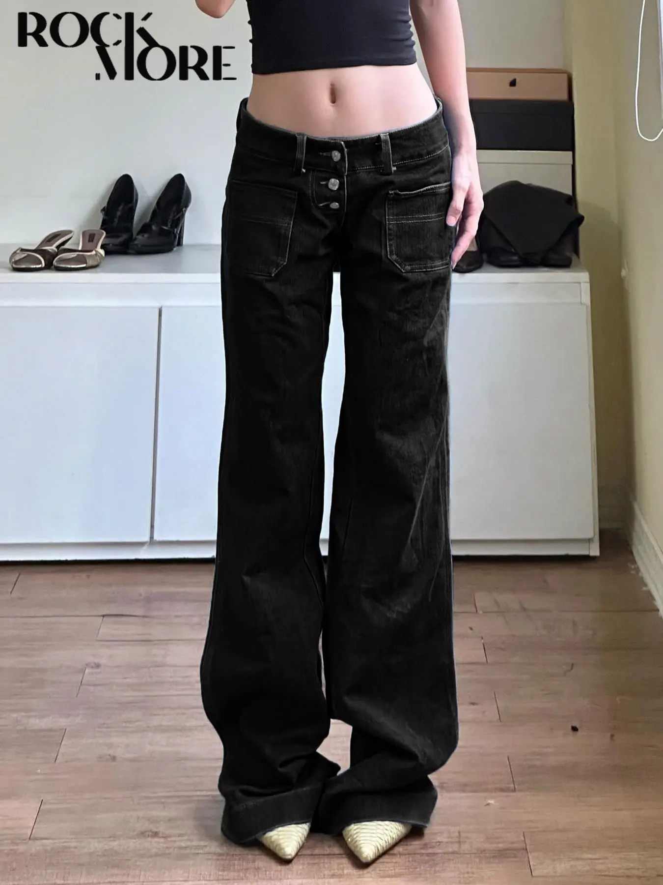 

Rockmore Black Pocket Low Waist Skinny Straight Jeans American Retro Gothic High Street Loose Denim Pants 90s Lady Chic Trousers