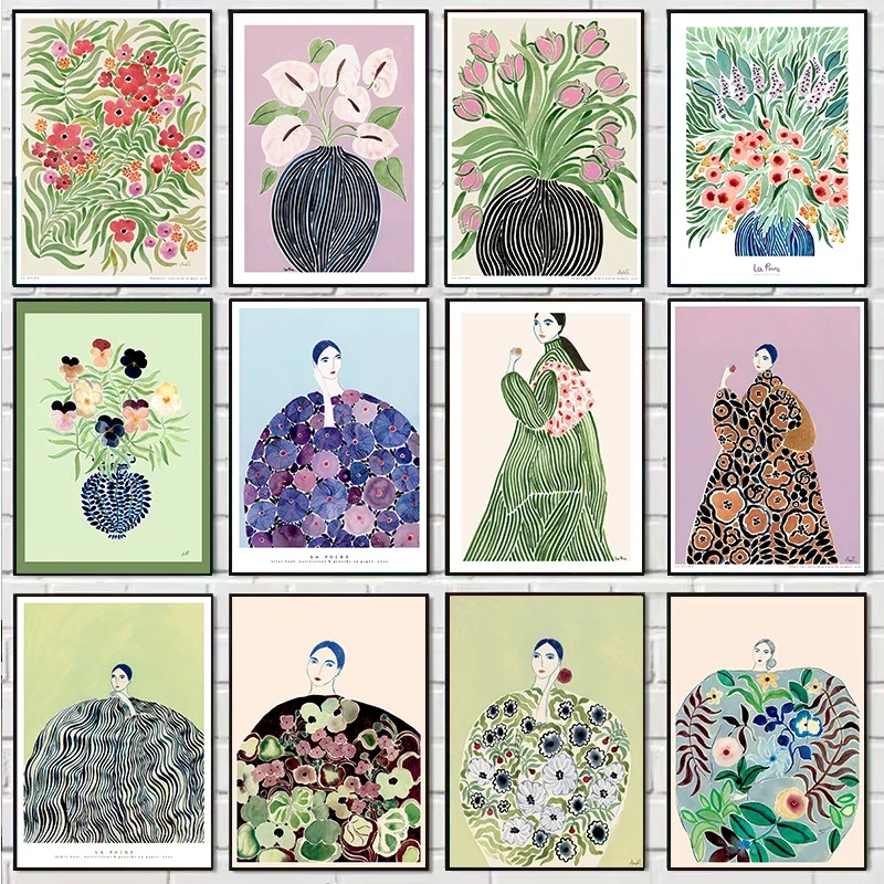 1PCS Frameless Canvas Painting Tulip Violets Vase Woman Coat Flower Posters Light Green Abstract Aesthetics Canvas Painting