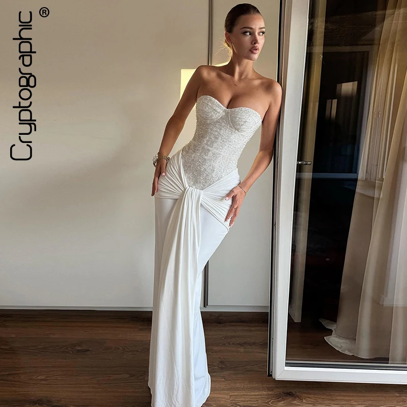 

Cryptographic Sparkling Sequined Sexy Strapless Wrap Maxi Dress Gown Women Birthday Elegant Backless Club Party Dresses Clothes