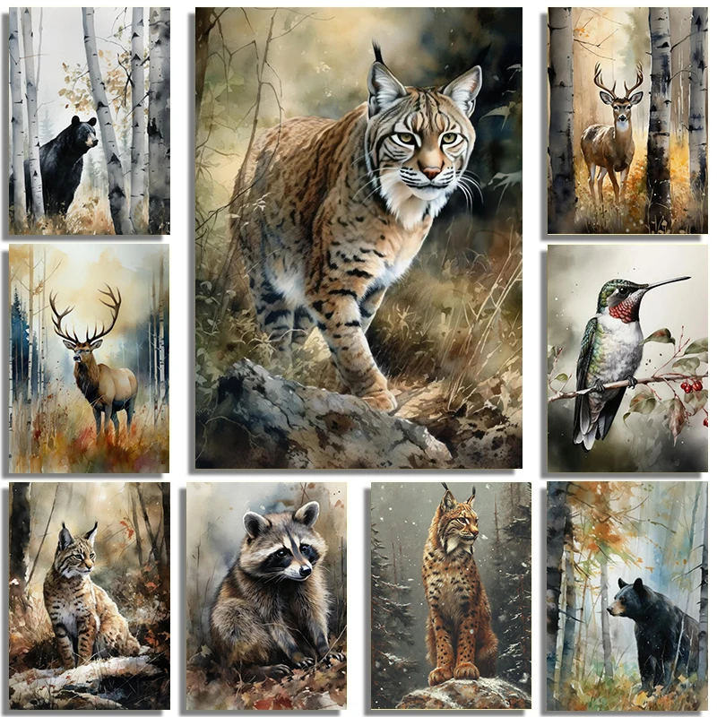Mysterious Watercolor Forest Wild Fox Lynx Deer Bird Wildlife Art Poster Canvas Printing Living Room Bedroom Home Wall Decor