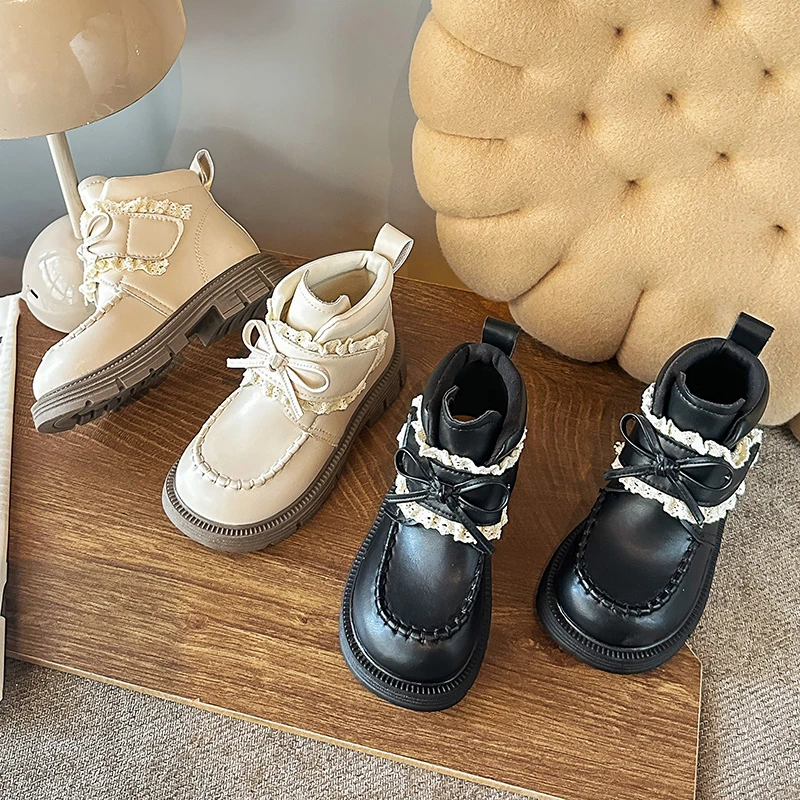 

Autumn Fashion Boots For Girls PU Leather Waterproof Teenager Girl's Boots Korean Style Lace Princess Footwear For Girls