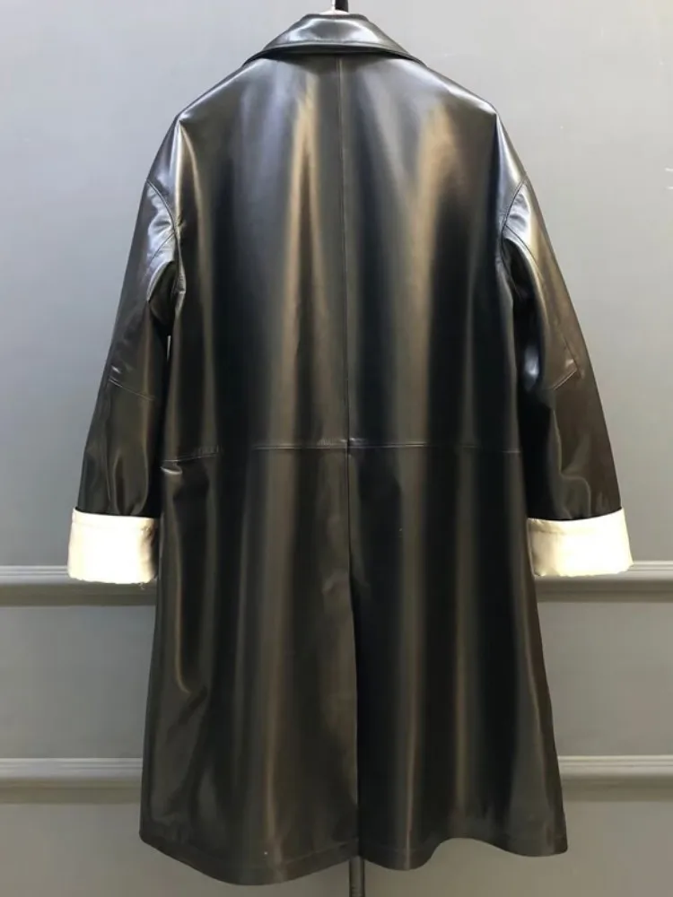 Koreanischen Stil Damen Echtes Leder Einreiher Einfarbig Trenchcoat Revers Lange Ärmel Freizeit Lose Schaffell Jacke