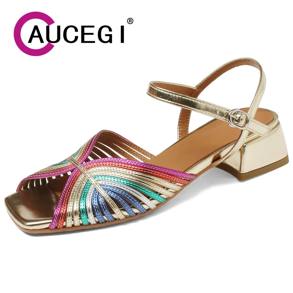 

Aucegi Designer Luxury Brand Women Multicolour Sandals Genuine Leather Block Heels Party Fashion Square Toe Party Dress Shoes