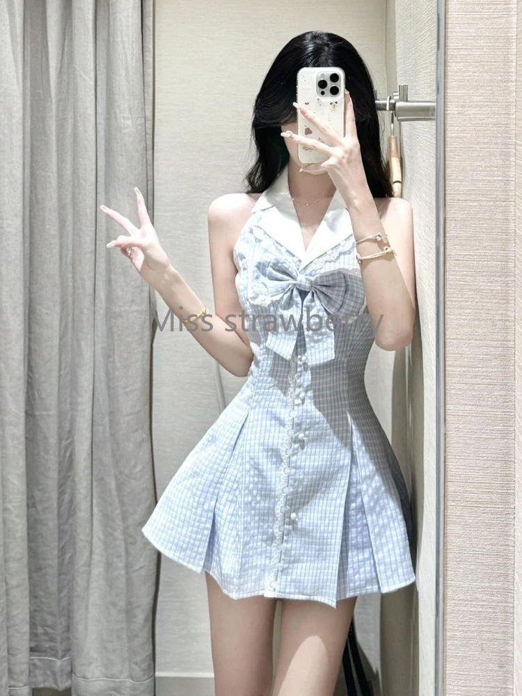 فرنسا أنيقة منقوشة فستان نحيل المرأة الصيف الحلو الخامس الرقبة أكمام الأزرق فساتين رقيقة تصميم موضة القوس كشكش ملابس جديدة