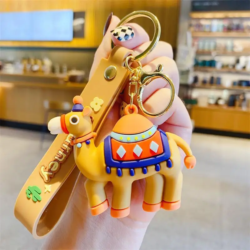 Cute 3D Camel Keychain Cartoon Desert Camel Doll Key Ring with Journey Wrist Strap Animal Key Pendant Bag Car Key Holder Gift