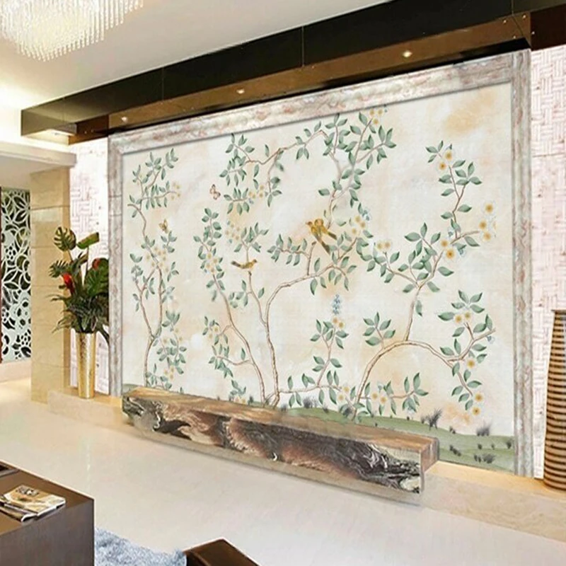 Modern aesthetic new Chinese-style traditional Chinese painting flower bird library luxurious home decoration background wall