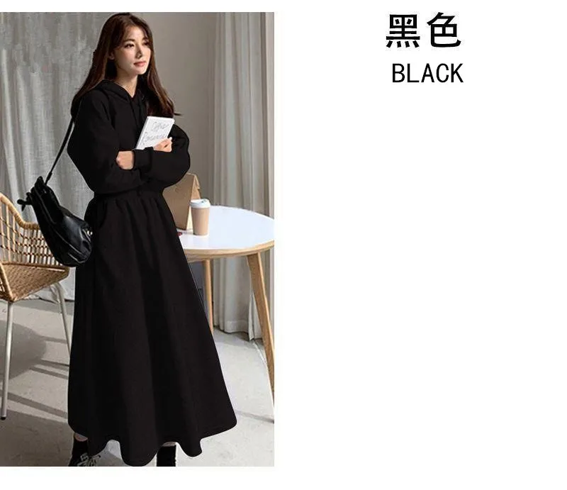 Koreanischer Stil, Herbst-Winter-Kapuzen-Sweatshirt-Kleid, Übergröße, tailliert, einfarbig, langes Kleid für Studentinnen und Frauen, lässig – Detail 17