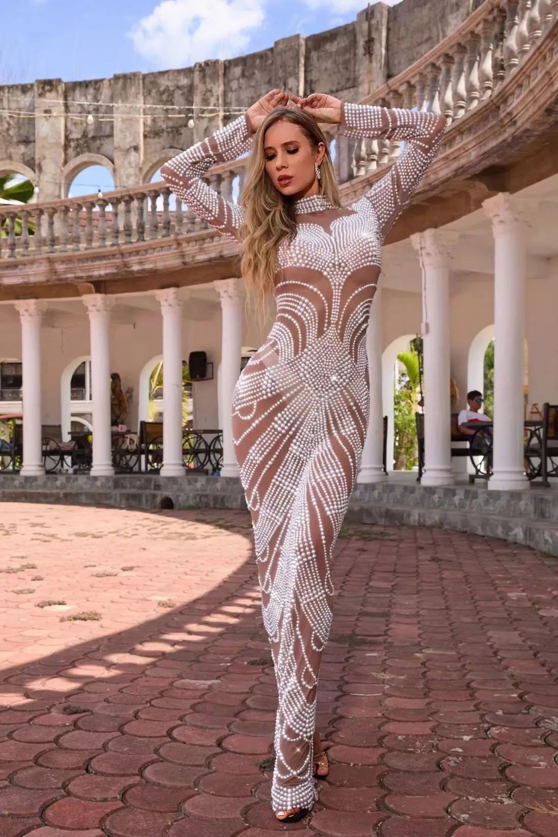 고급스러운 전체 배 긴 드레스 여성 저녁 생일 결혼식 축하 진주 드레스 파티 파티 복장 무대 착용 Baiyueguang