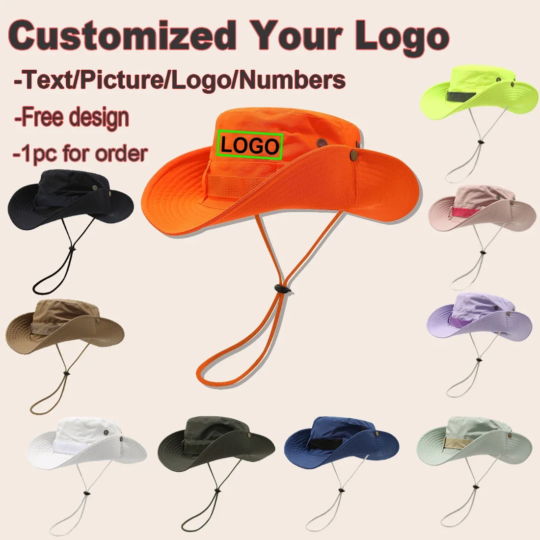 Customized Logo Print New Drawstring Wide Brim Bucket Hat Men Women Summer Breathable Outdoor Surfing Mountaineering Sun Hat
