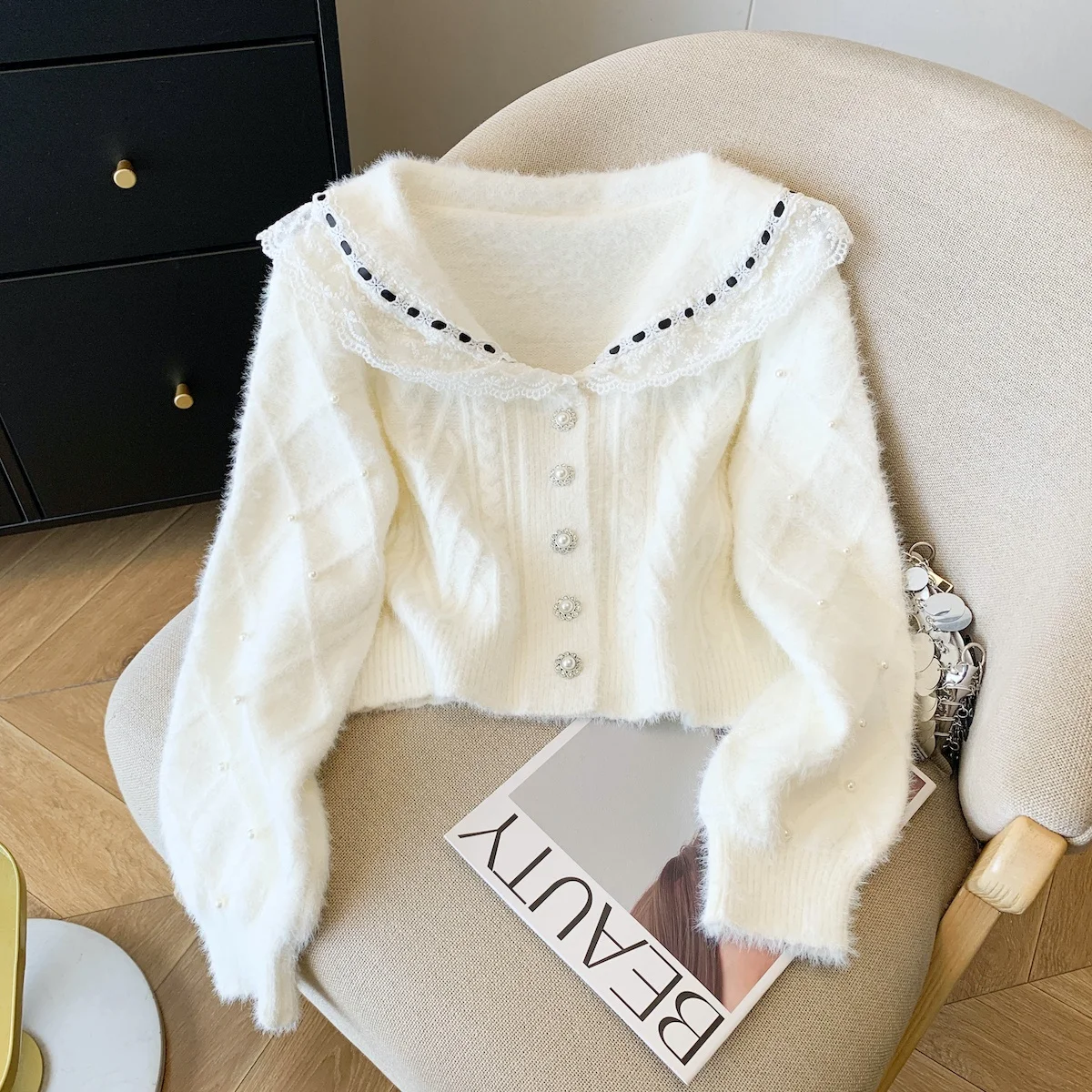 

Милый кукольный воротник, кружевной бархатный вязаный свитер с ромбовидным узором, Новое поступление, модный женский вязаный свитер