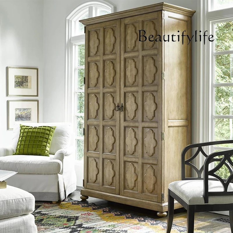 

American solid wood double door independent wardrobe retro old carved French birch locker European two door wardrobe