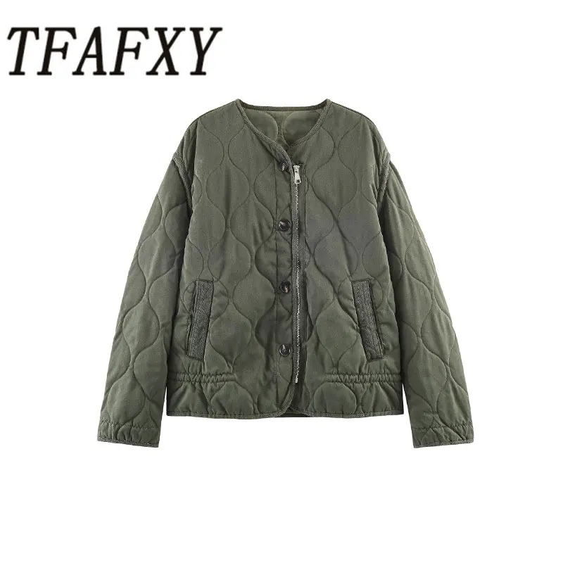 

TFAFXY женская стеганая стеганая куртка 2025, зимняя свободная куртка с длинными рукавами и карманами, женские теплые парки, верхняя одежда Y2K