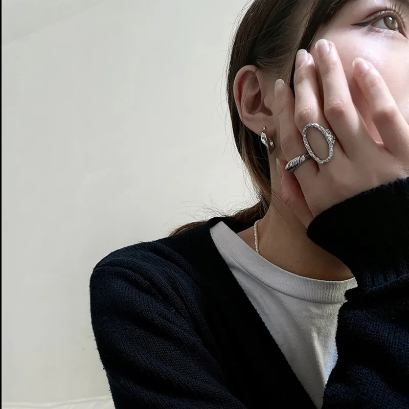 Irregular Hollow Concave Convex Baguette Finger Resizable Silver Color Rings For Women Korean Fashion Golden Jewelry