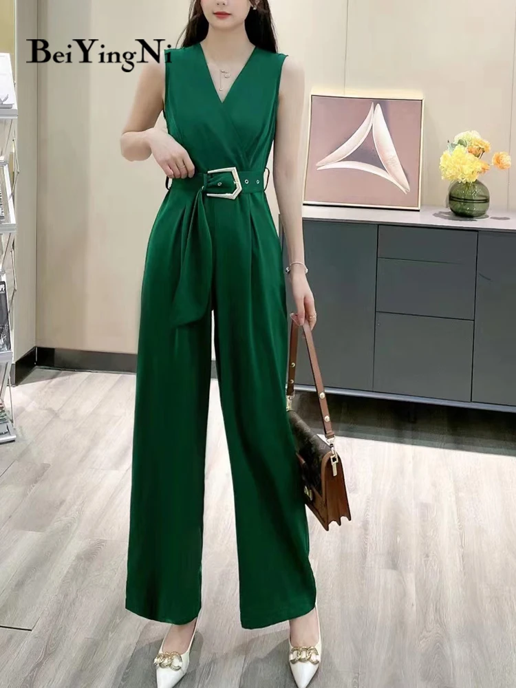 

Beiyingni Women Wide Leg Pants Jumpsuit Sleeveless Sashes Casual High Waist Overalls Office Ladies Elegant Playsuits Plain 2023