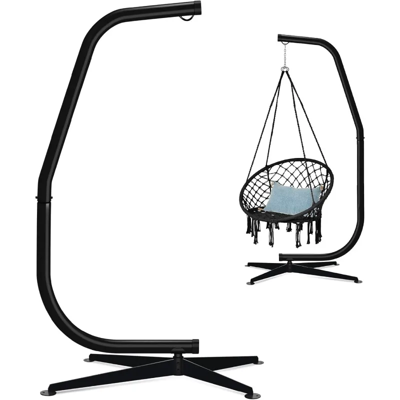 Metal Hanging Hammock C-Stand for Chair/Weather-Resistant Finish, Offset Base - Stand Only - Black