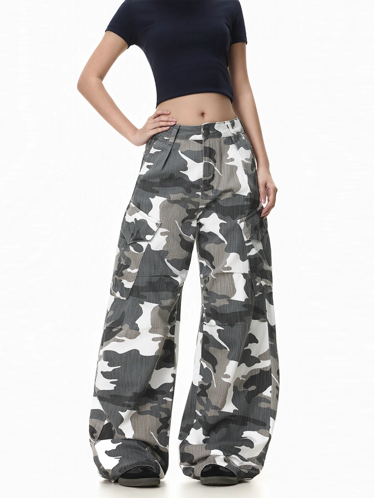 

Американские свободные джинсовые брюки-карго с большими карманами, высокой талией, модные широкие брюки в пол, скрывающие бедра