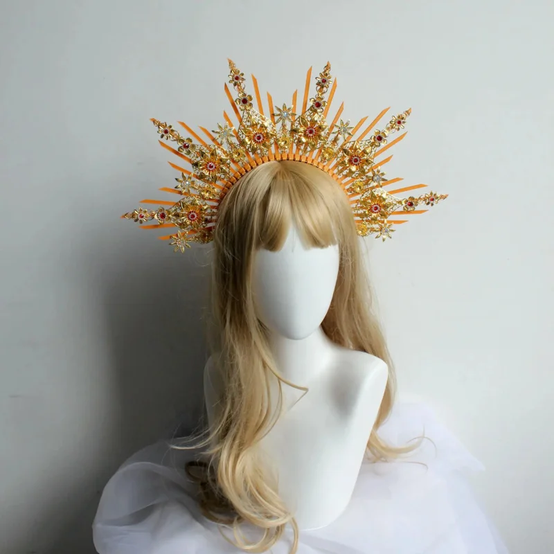 Gold Sunburst Crown Vintage Baroque Headpiece Red Crystal Halo Tiara Elegant Bridal Wedding Hair Accessory
