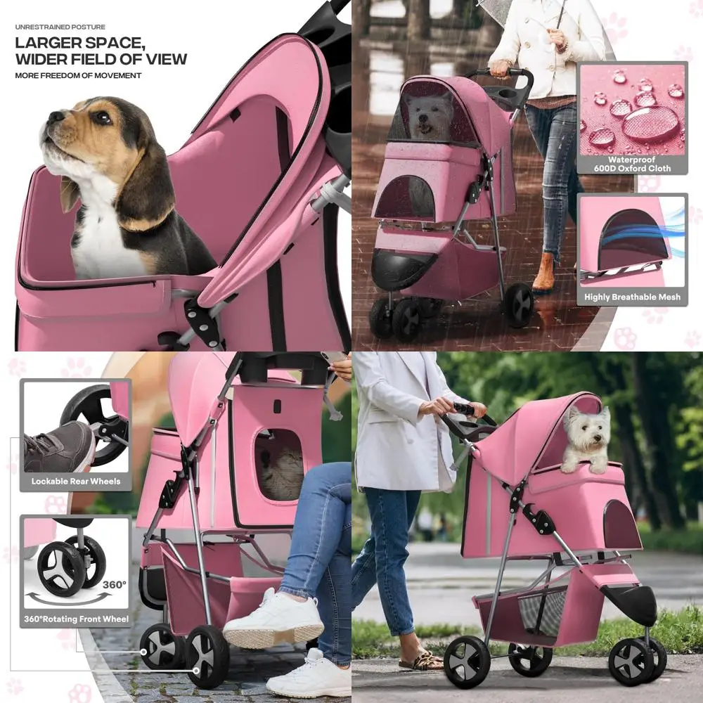 

Pink Pet Stroller for Dogs up to 30 lbs, Suitable for Small Dogs or Cats, with Storage Basket and Cup Holder