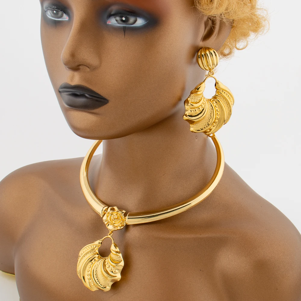 Juego de collar y pendientes con colgante de flor de Dubai de oro de 18 quilates para mujer – Conjunto de joyería con anillo de brazalete hueco, regalo de novia africana