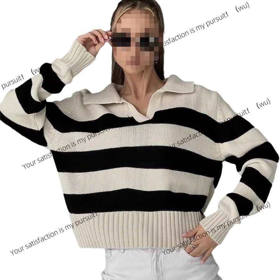ZOCI-Damen-Strickpullover, POLO-Ausschnitt, gestreift, Kontrastfarbe, lockerer Strickpullover für Damen