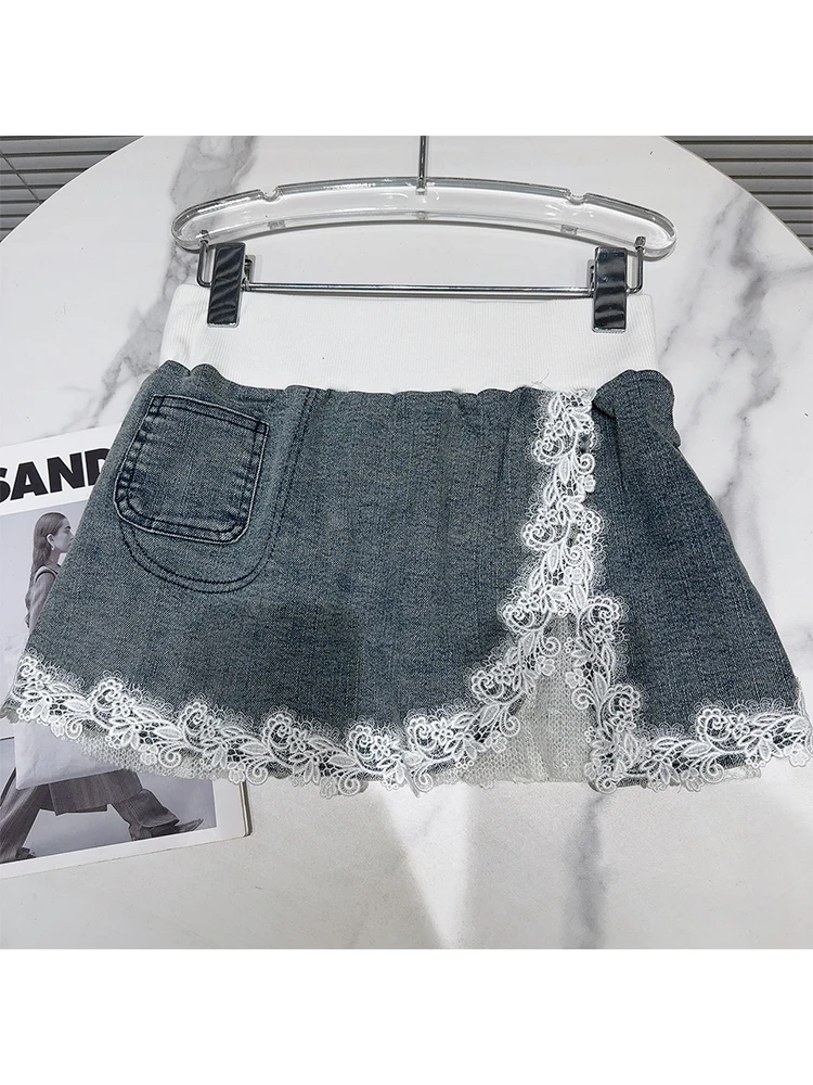 

Summer Women Ballet Core Kpop Mini Denim Lace Skirt Japanese Y2k Gyaru Coquette 2000s Streetwear Elastic Waist Korean Hot Tide