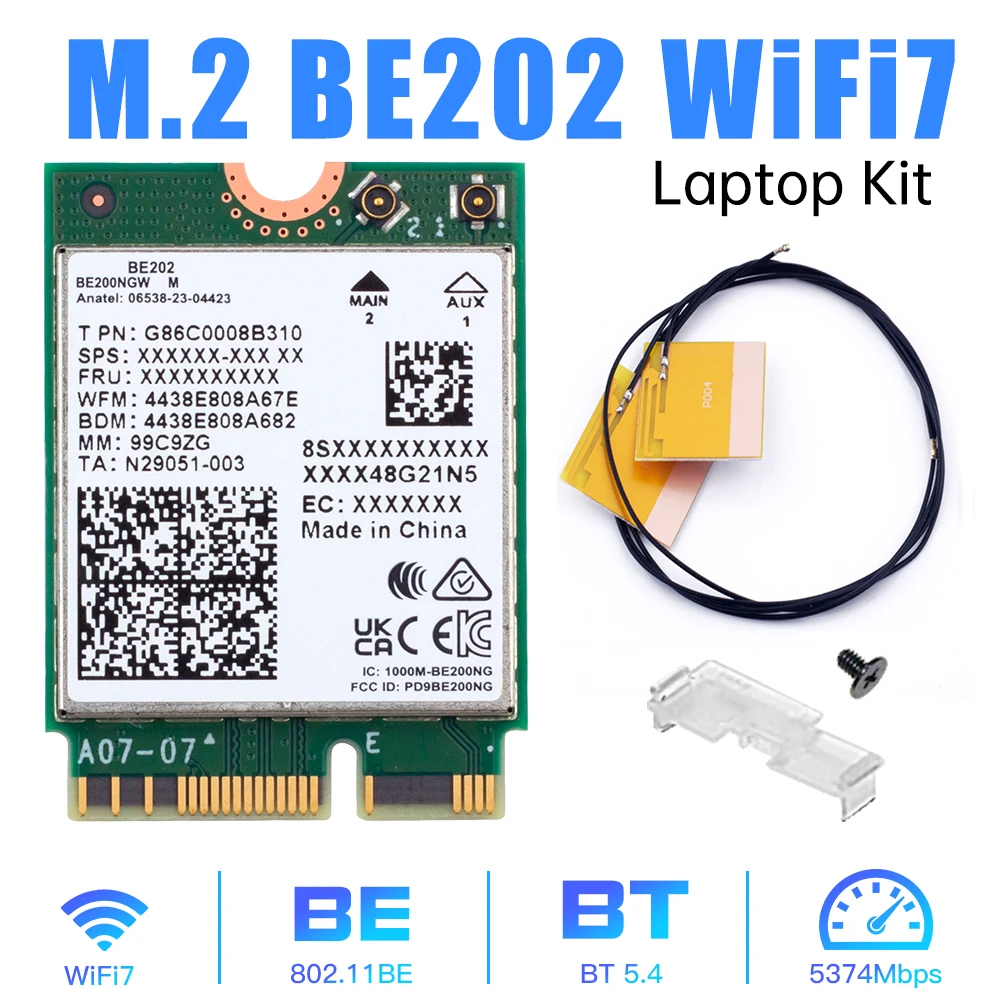 WiFi 7 for Intel BE202 WiFi Card BT5.4 BE202NGW M.2 2400Mbps Tri-Band 2.4G/5G/6GHz WiFi 7 Wireless Network Adapter