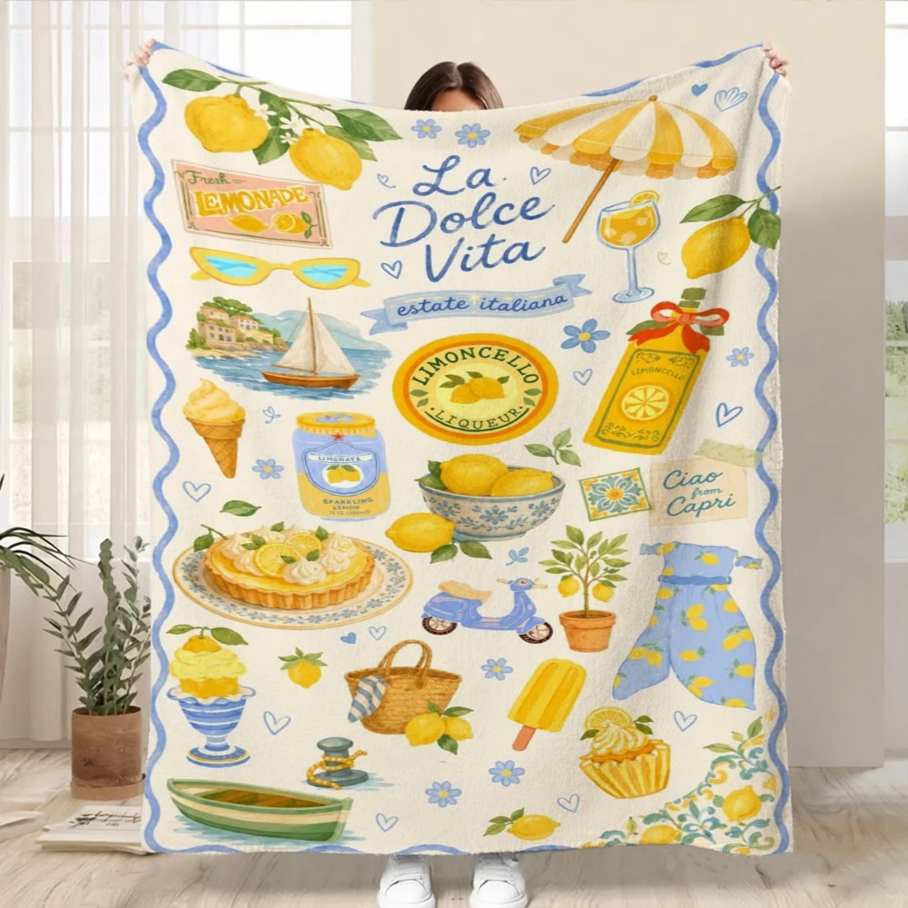 Mediterranean Lemon Floral Mosaic Tile Blanket Blue Ceramic Pattern Print Soft Warm Sofa Bed Decor Blanket