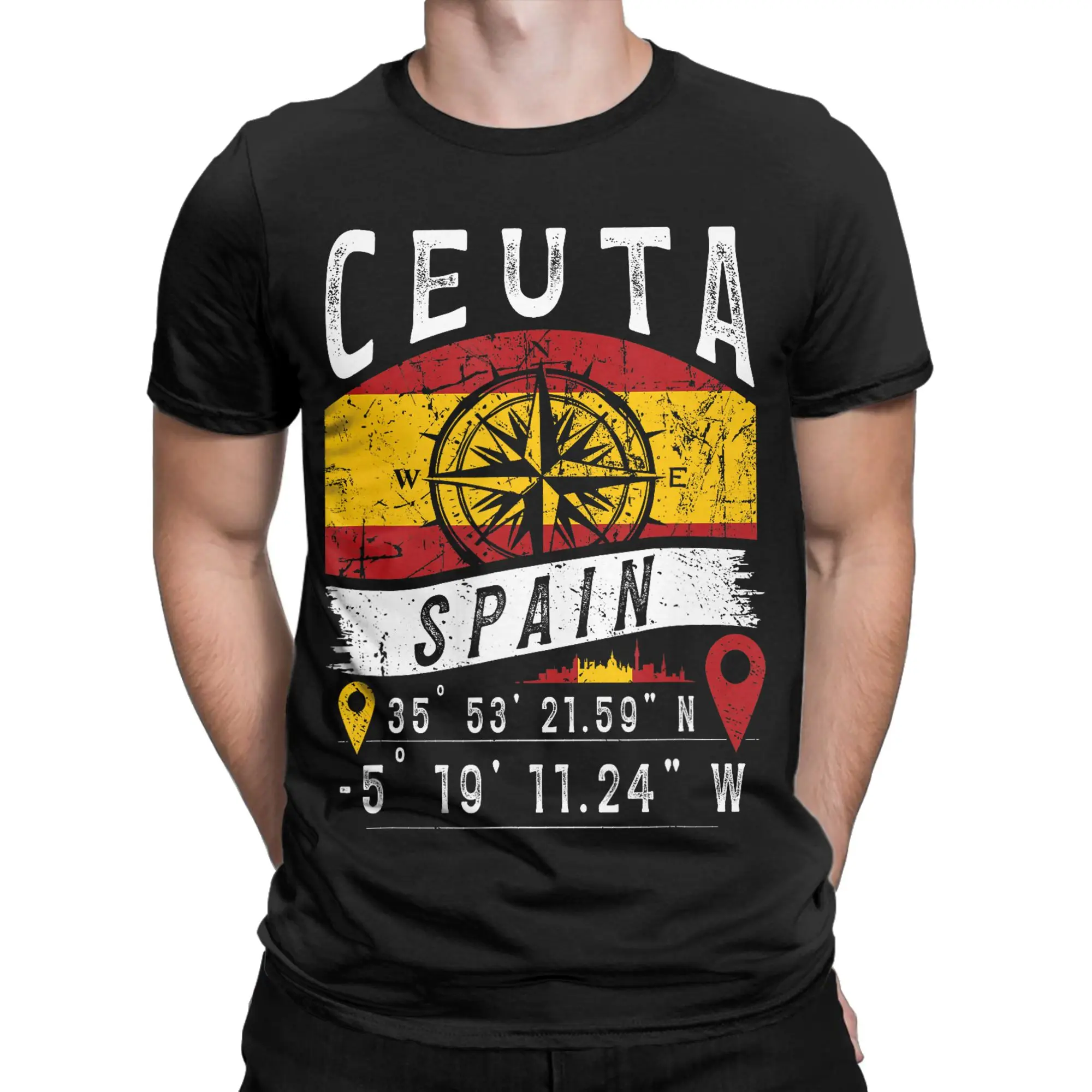 Harajuku T Shirt Ceuta Spain Flag GPS Coordinates Of Ceuta Cotton T Shirts Tshirt for Men Beach Y2K Casual Short Sleeve Tees