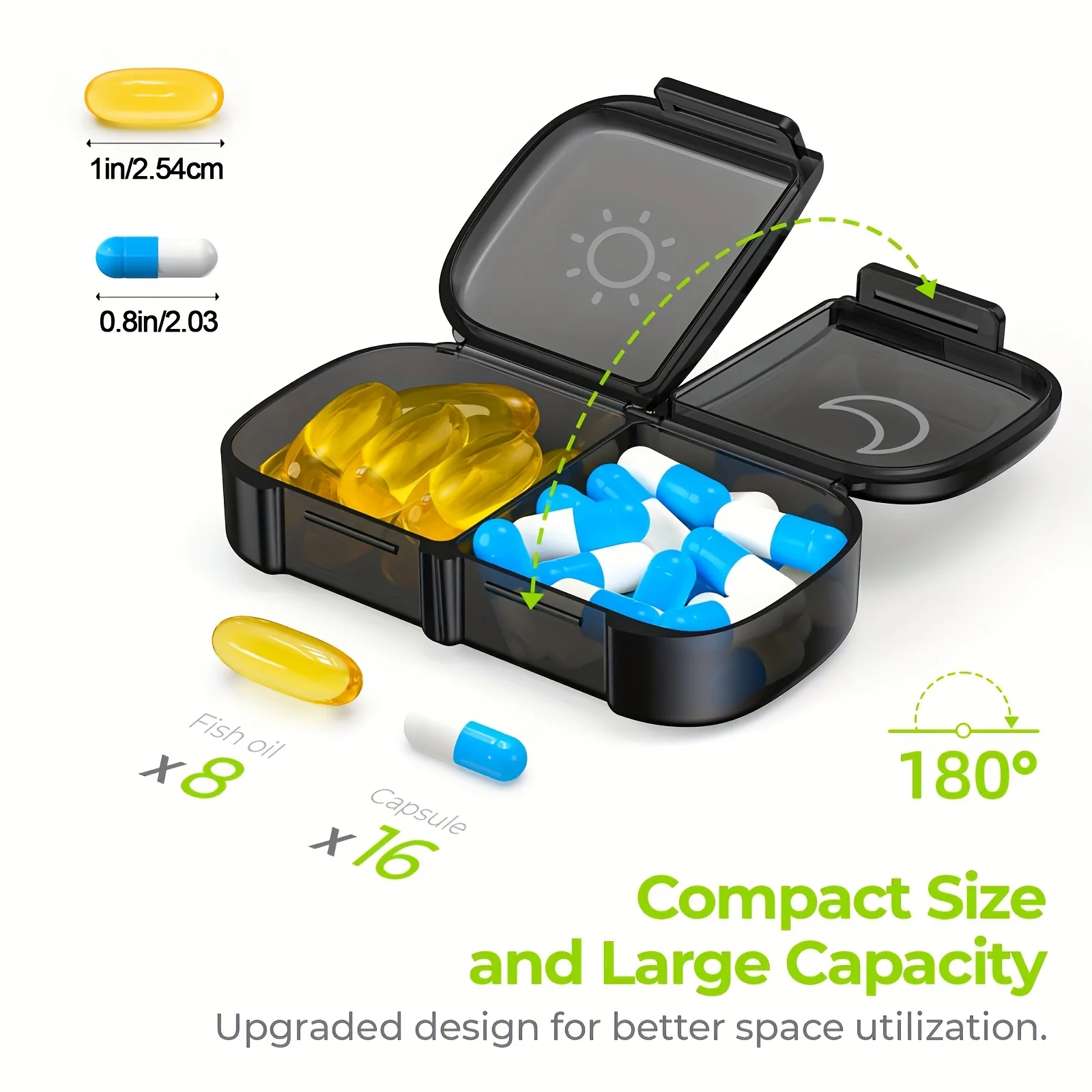 Weekly Pill Organizer 2 Times a Day, Pill Box 7 Day with One-Side Large Openings, Black Privacy Protection AM PM Pill Case