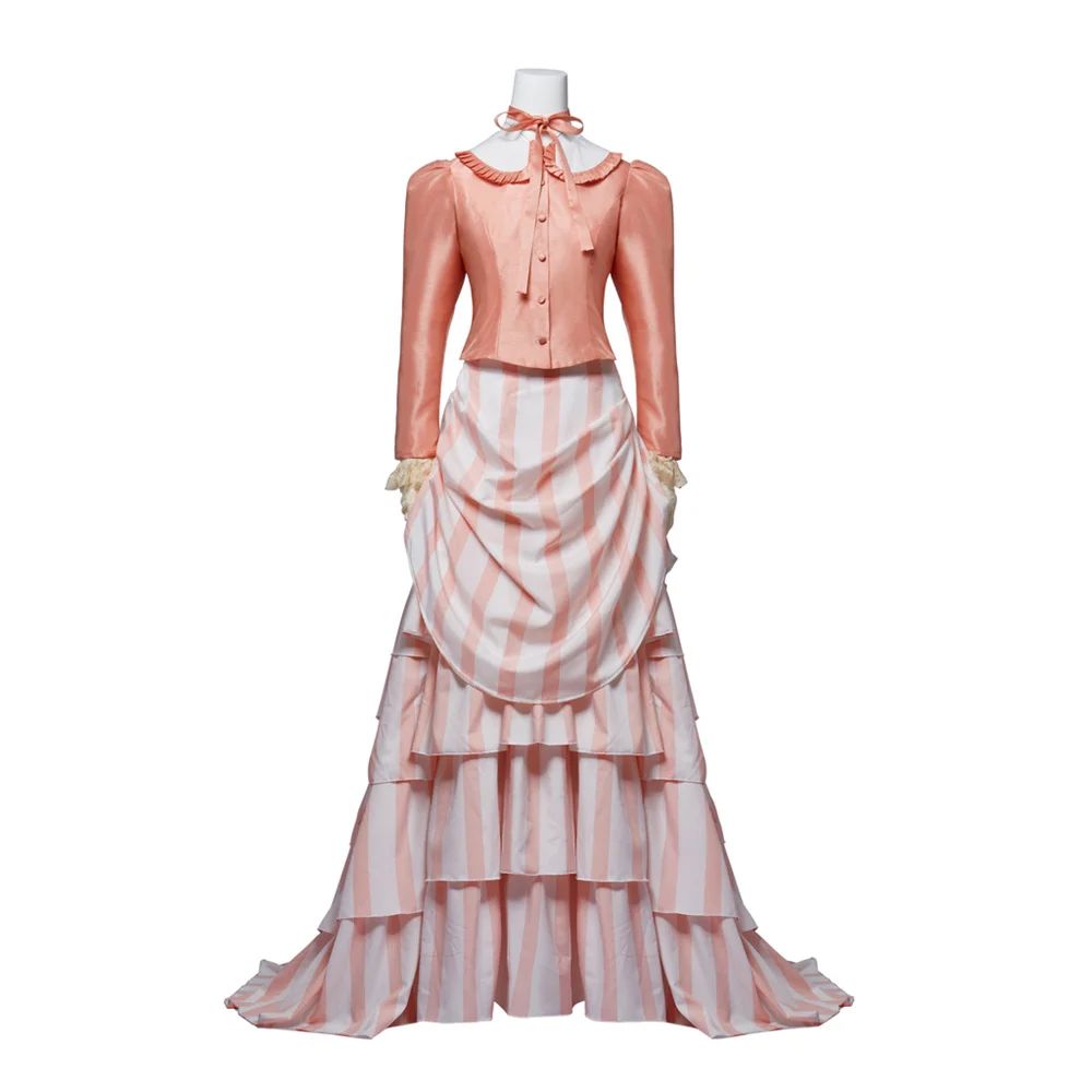 

Mary Cosplay Poppins Costume Dress Historical Victorian Skirt with Pink Stripes Classical Vintage Ball Gown Medieval Tudor Dress