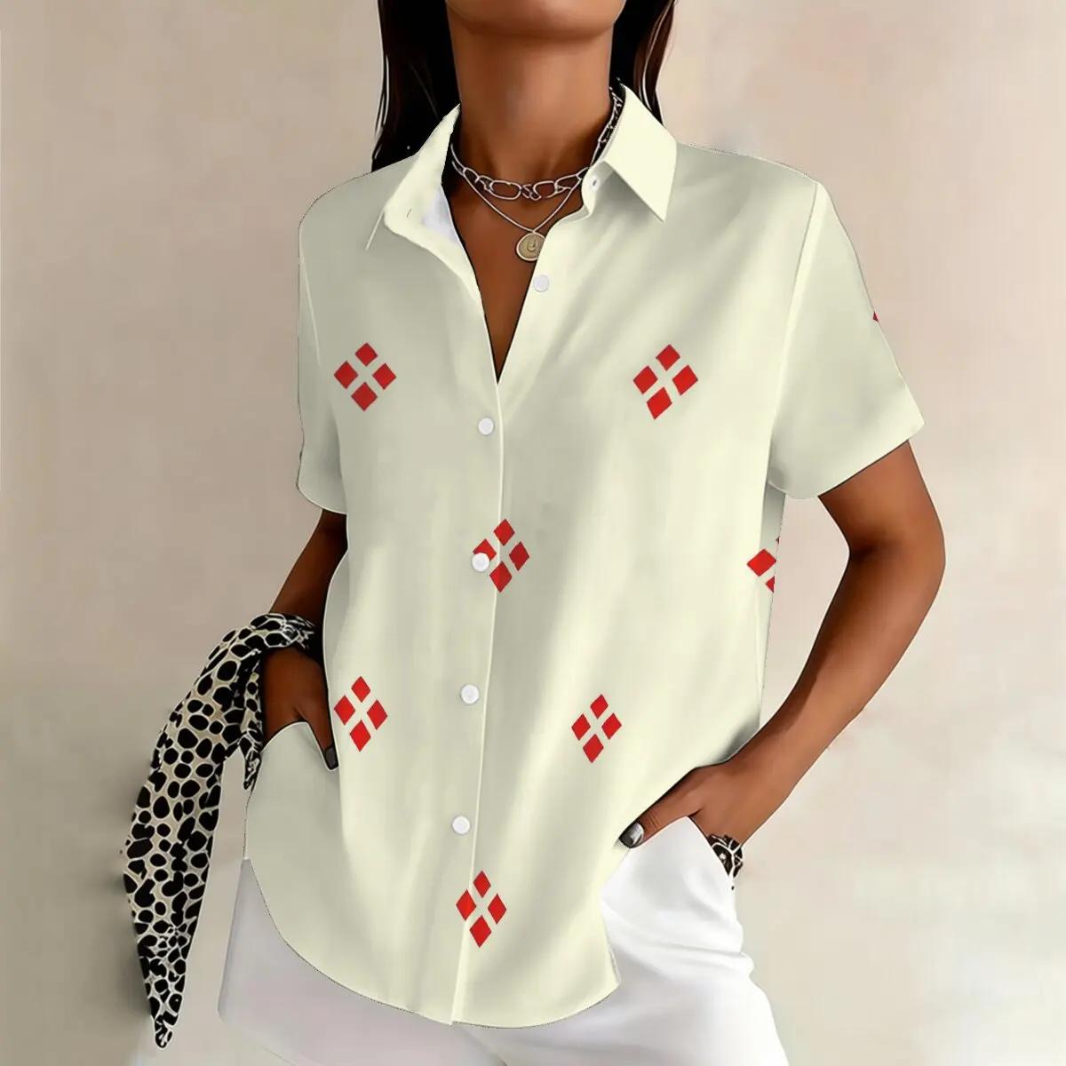 

Simple and personalized checkered print summer women's plus size lapel short sleeved shirt fashionable daily versatile top