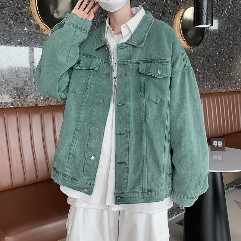 

Универсальные джинсовые куртки с лацканами для мужчин на весну и осень, модные брендовые свободные куртки для мальчиков и пар, универсальные однотонные куртки, топы