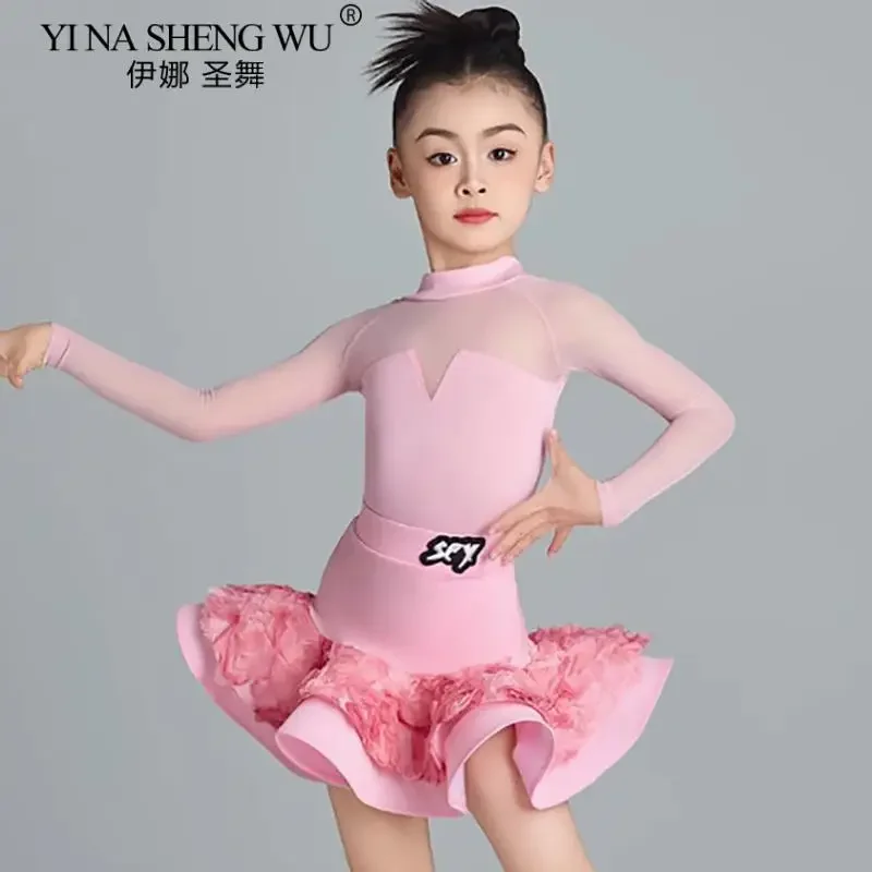 

Girls National Standard Latin Dance Dress Children's Latin Dance Costume Set 2026 New High-end Mesh Long-sleeved Pink Skirt Suit