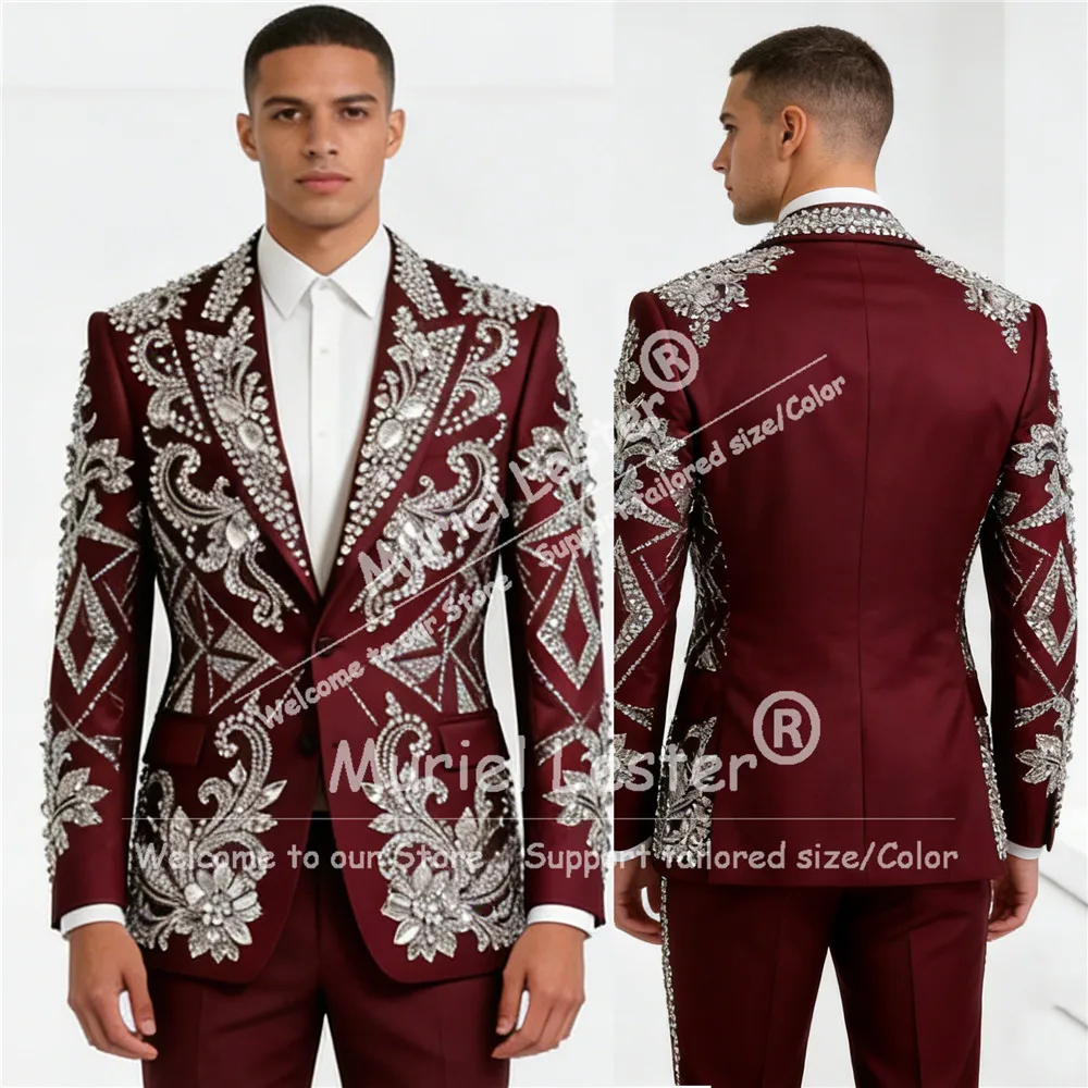 

Sparkly Diamond Stones Suits Men Slim Fit Single Breasted Jacket Pants 2 Piece Set Beads Groom Wedding Tuxedo Attire Ropa Hombre