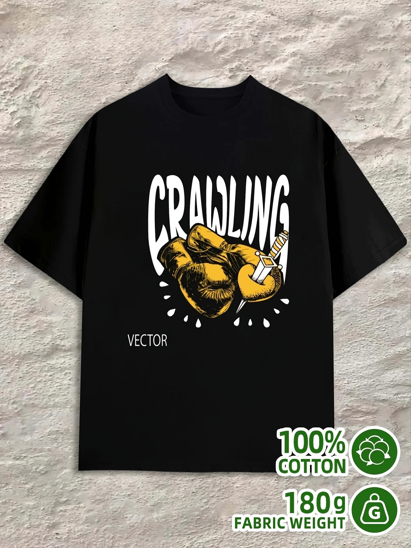 Vintage Men's Black Graphic T-Shirt Boxing Gloves Heart Dagger Crawling Bold Letter Distressed Print 100% Cotton Heavyweight Short Sleeve Casual Streetwear Tee
