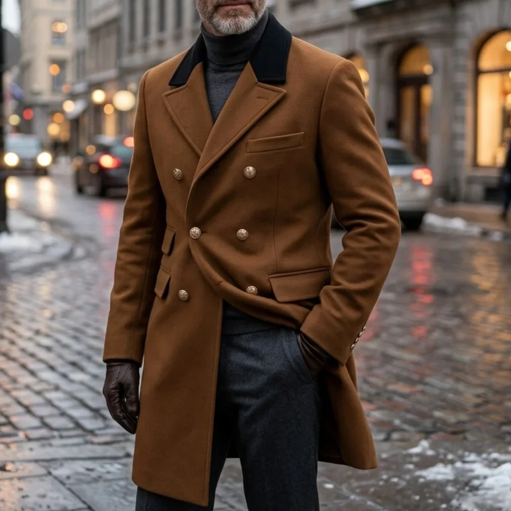 Neuer Winter-Herren-Doppelreihiger Trenchcoat mit Kontrastfarben-Design, Casual/Streetwear, Mehrere Taschen, Warme Winddichte Jacke – Detail 14