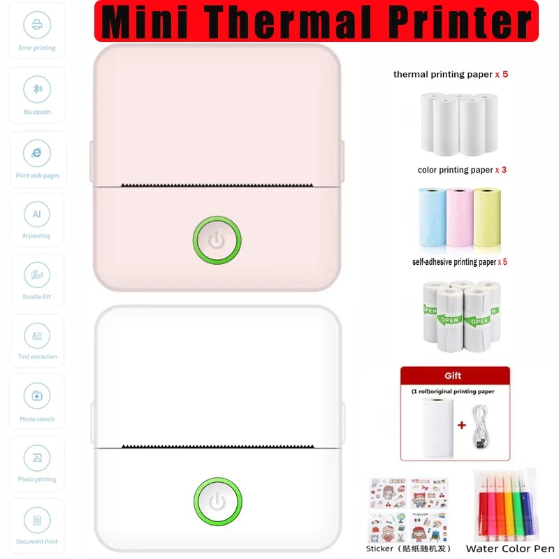 Portable Mini Thermal Printer Wireless Bluetooth 4.0 200dpi Photo Label Memo List Printing with USB Cable Imprimante Portable