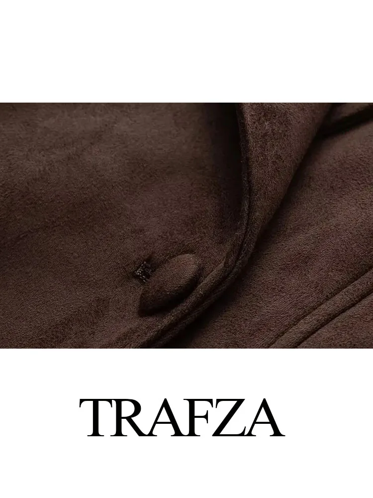 

TRAFZA Women Autumn Fashion Lapel Belted With Pockets Long Sleeves Jacket Female Trendy Suede Texture High Street Causal Coats